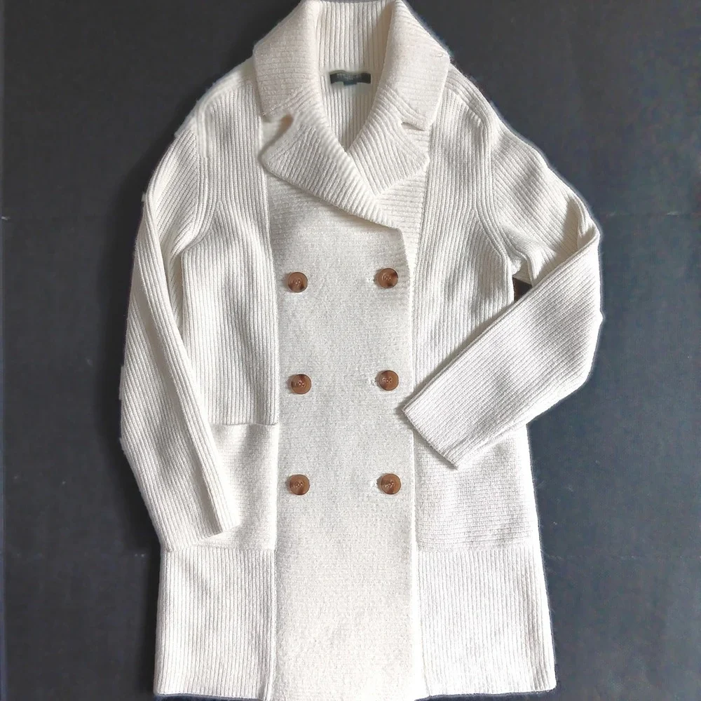 Ann Taylor Cardigan Women SP White EUC Double Breasted Shawl Collar Ribbed $150